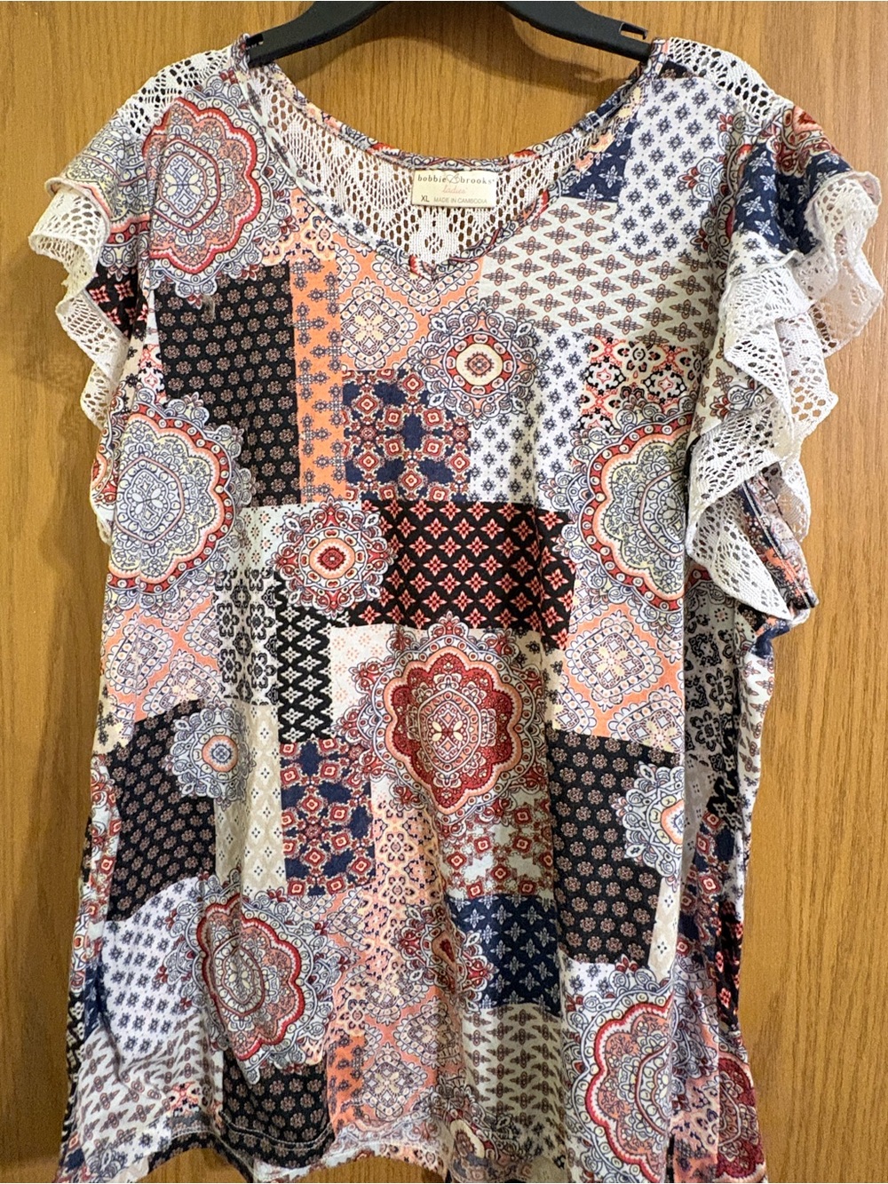 Bobbie Brooks Multicolor Patchwork Ruffle Sleeve Blouse